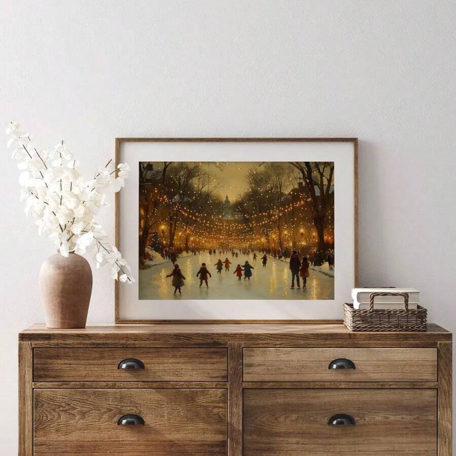 Winter skating landscape artwork with light wood frame bedroom mockup