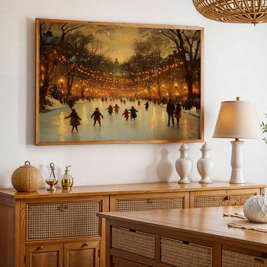 Vintage winter ice skating town scene canvas art print