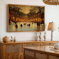 Snowy skating park artwork displayed in a warm kitchen setting