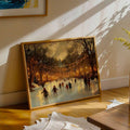 Nostalgic ice skating wall art styled above a living room console