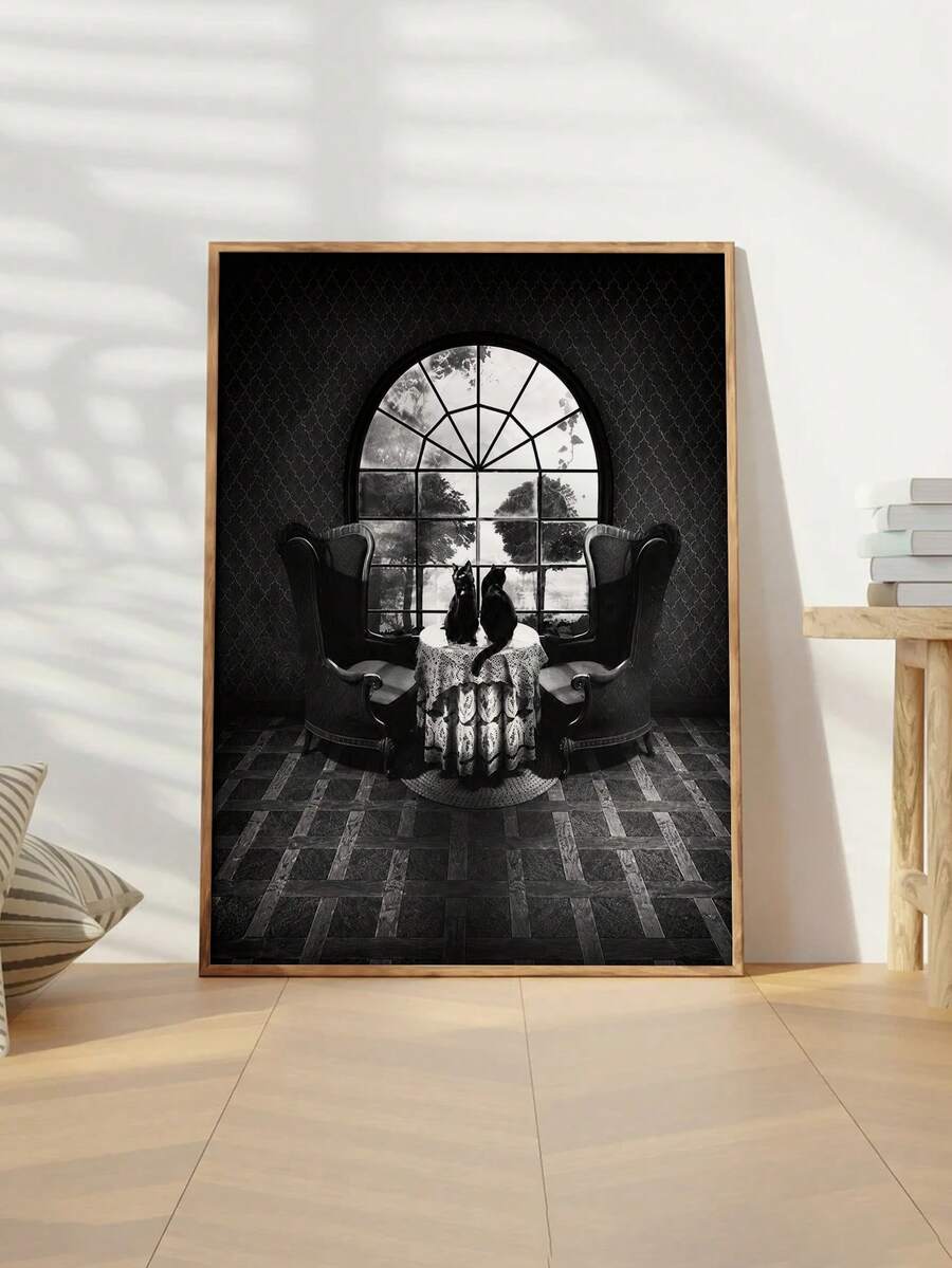 Framed gothic print of two black cats at a lace-covered table before an arched window on a dark textured wall