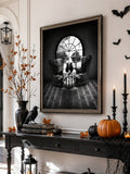 Gothic black-cat wall art above a Halloween console with pumpkins, black candles, a raven, and bats