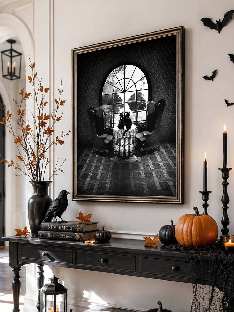 Gothic black-cat wall art above a Halloween console with pumpkins, black candles, a raven, and bats