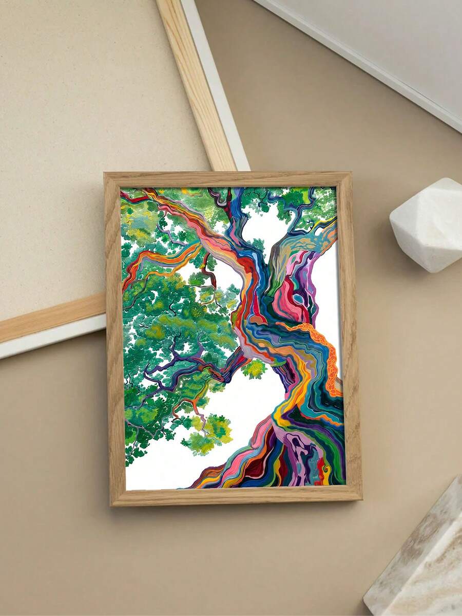 Psychedelic green tree illustration in a light wood frame flat lay