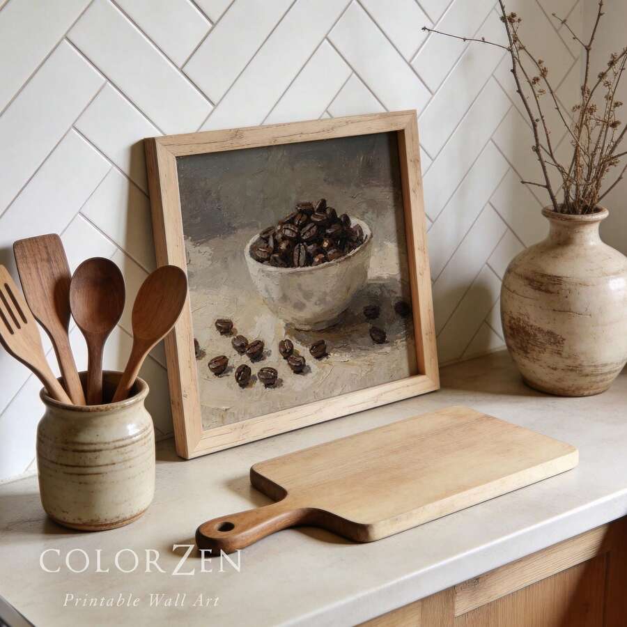 Vintage Coffee Bean Still Life Oil Painting Farmhouse Canvas Poster