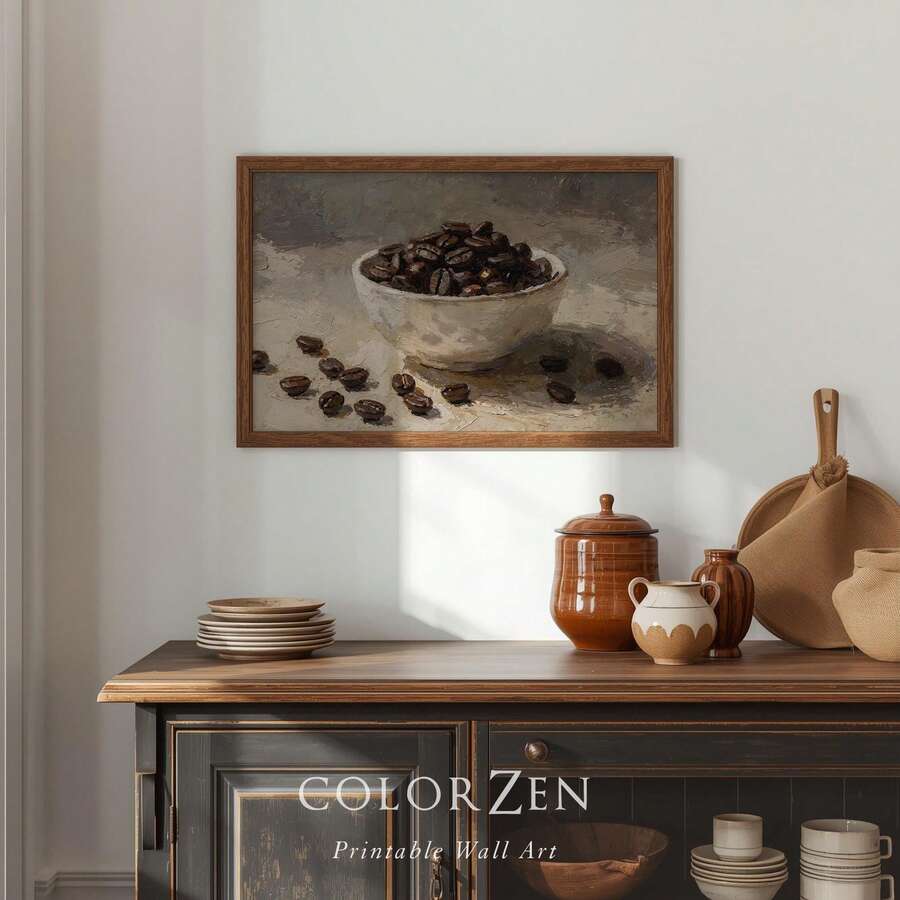 Vintage Coffee Bean Still Life Oil Painting Farmhouse Canvas Poster