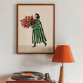 Woman With Red Roses & Green Striped Coat Modern Fashion Canvas Poster 