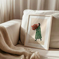 Woman With Red Roses & Green Striped Coat Modern Fashion Canvas Poster 