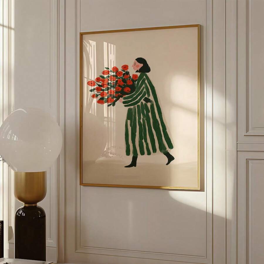 Woman With Red Roses & Green Striped Coat Modern Fashion Canvas Poster 
