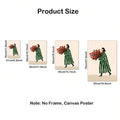 Woman With Red Roses & Green Striped Coat Modern Fashion Canvas Poster 