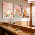 Japanese cat sushi noodle and tea wall art above a restaurant counter
