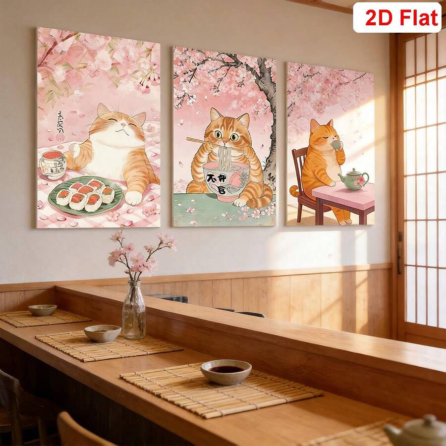Japanese cat sushi noodle and tea wall art above a restaurant counter