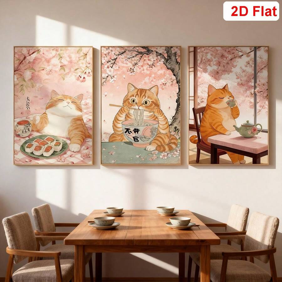 Cherry blossom orange cat poster set styled above a dining table