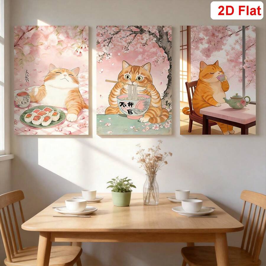 Three-piece Japanese orange cat sushi and tea canvas poster set