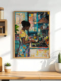 Afrocentric Black woman cooking in a colorful kitchen framed print