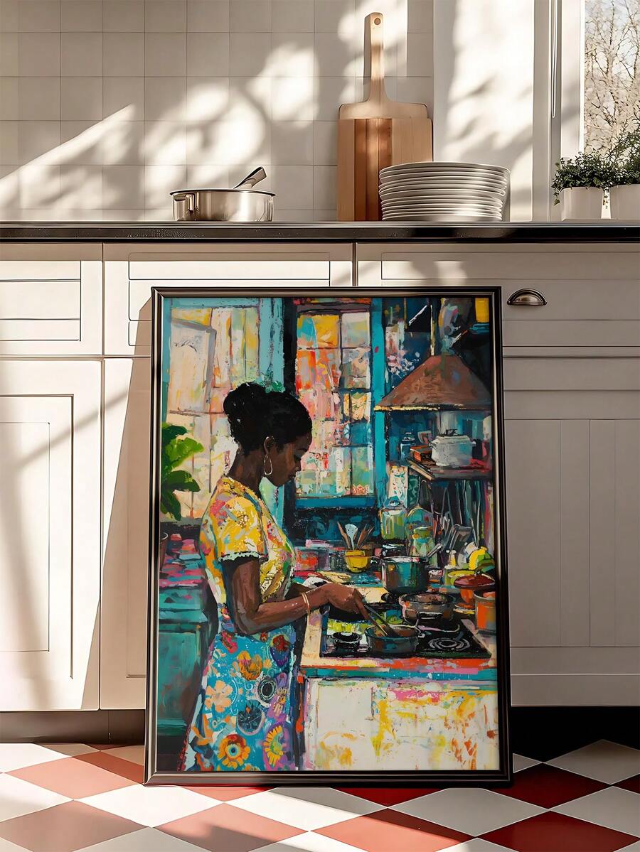 Colorful Black woman cooking artwork in a black kitchen frame