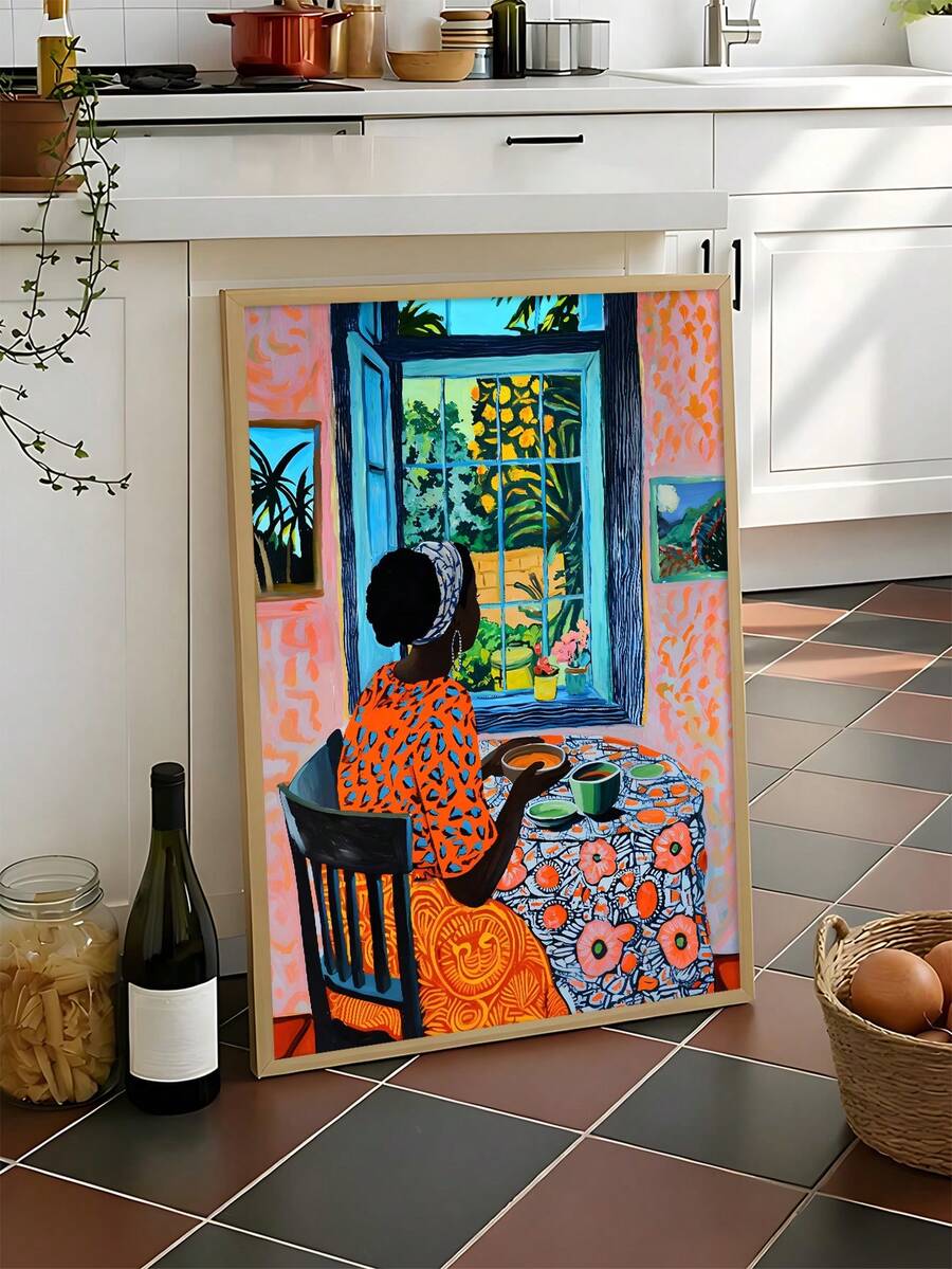 Afrocentric dining scene with Black woman in a light wood frame