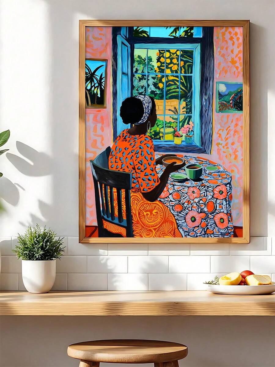 Black woman in a headwrap seated at a dining table wall art