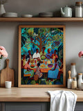 Multigenerational Black family meal in a dark wood frame