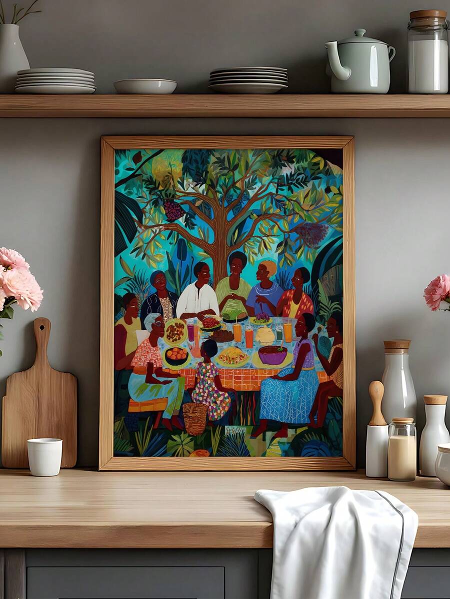 Multigenerational Black family meal in a dark wood frame