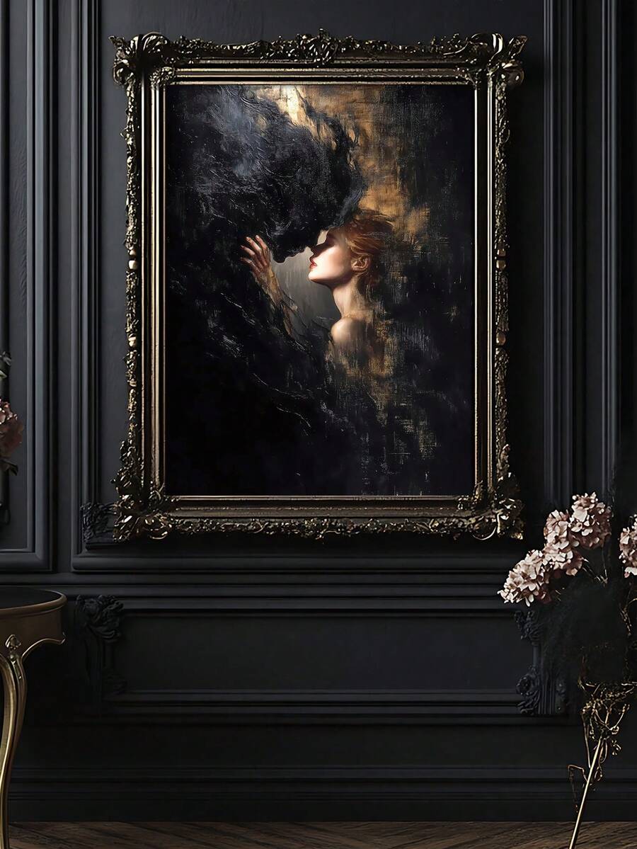 Bring cinematic romance and gothic character to your space with this dark romance wall art, portraying an intimate couple in a dramatic near-kiss. Painterly texture, deep black and charcoal tones, bronze and muted gold accents, and warm skin tones create a moody focal point with the atmosphere of a vintage oil painting. 