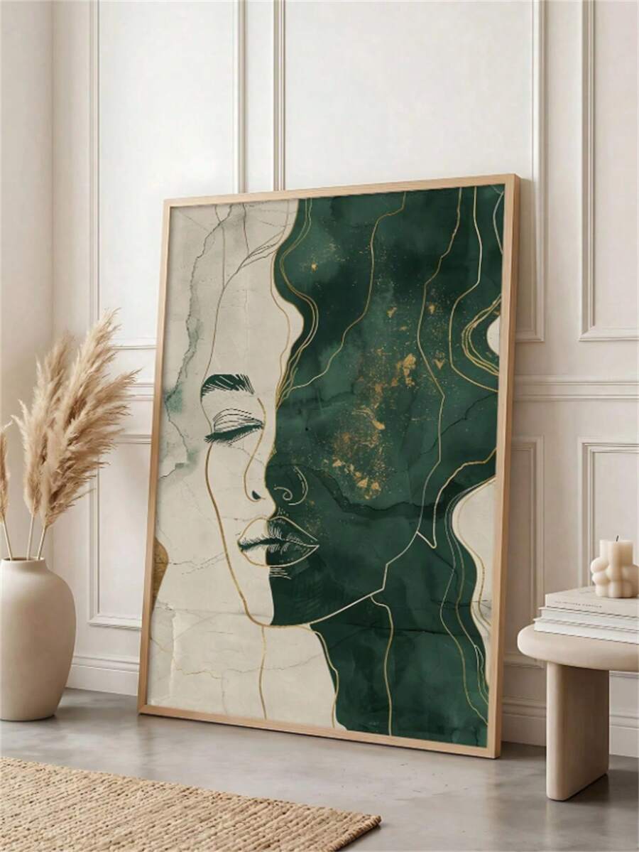 Light wood framed female portrait displayed above a modern armchair