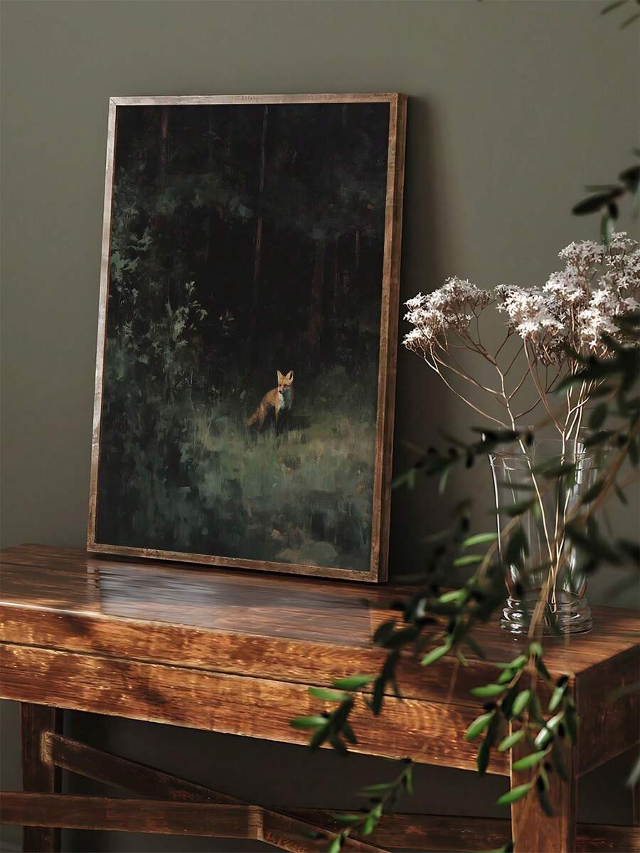 Dark green forest animal painting in a rustic frame