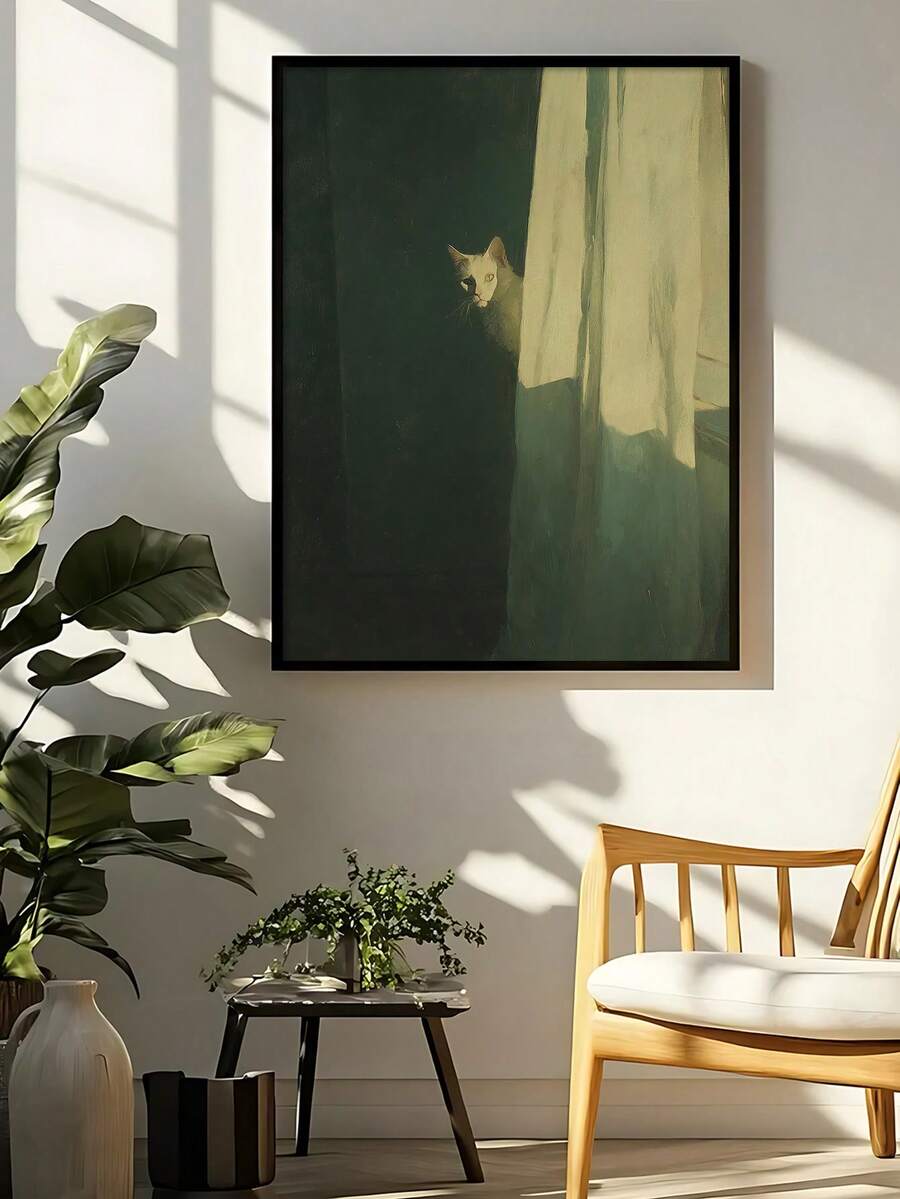Painterly white cat portrait for a dark academia study