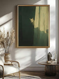 Framed animal artwork in deep green and muted gold tones