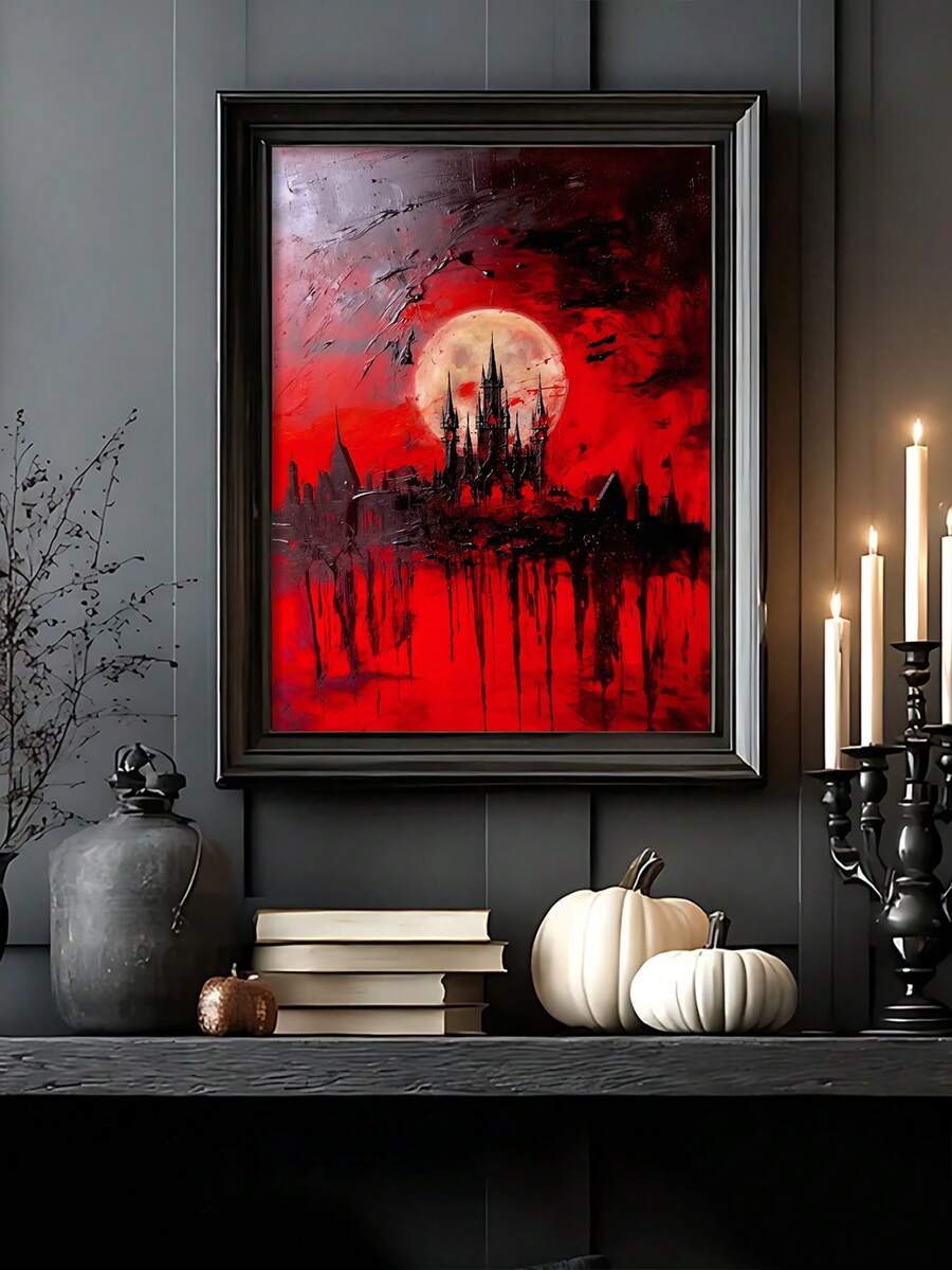 Gothic Dark Dracula Castle Halloween Canvas poster with mysterious vintage horror style. Perfect for gothic bedrooms, libraries, dark academia, and spooky decor.