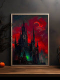 Gothic Dark Dracula Castle Halloween Canvas poster with mysterious vintage horror style. Perfect for gothic bedrooms, libraries, dark academia, and spooky decor.