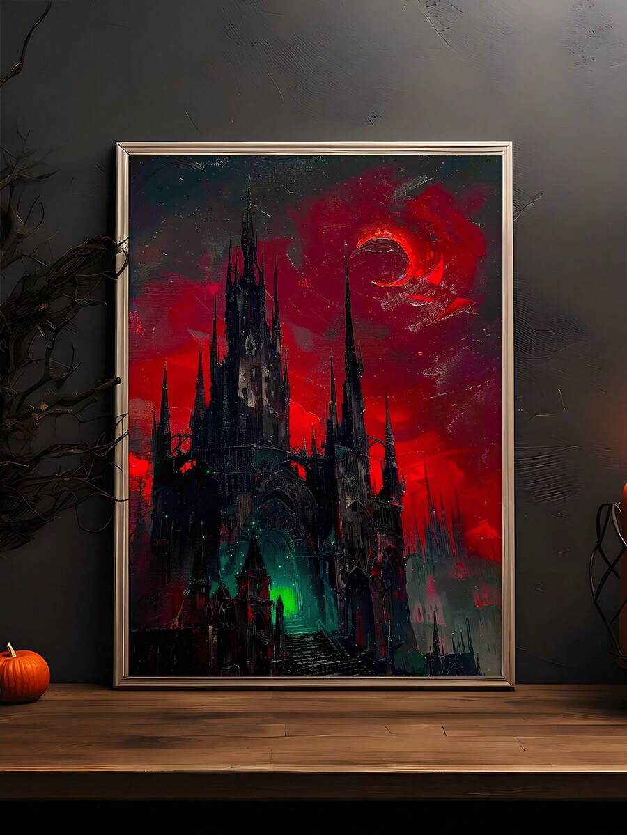 Gothic Dark Dracula Castle Halloween Canvas poster with mysterious vintage horror style. Perfect for gothic bedrooms, libraries, dark academia, and spooky decor.