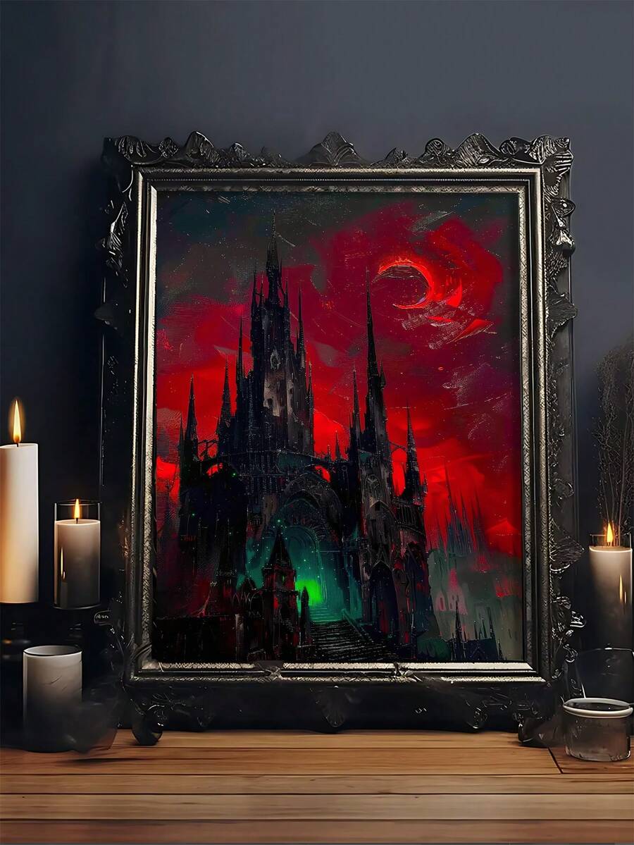 Gothic Dark Dracula Castle Halloween Canvas poster with mysterious vintage horror style. Perfect for gothic bedrooms, libraries, dark academia, and spooky decor.