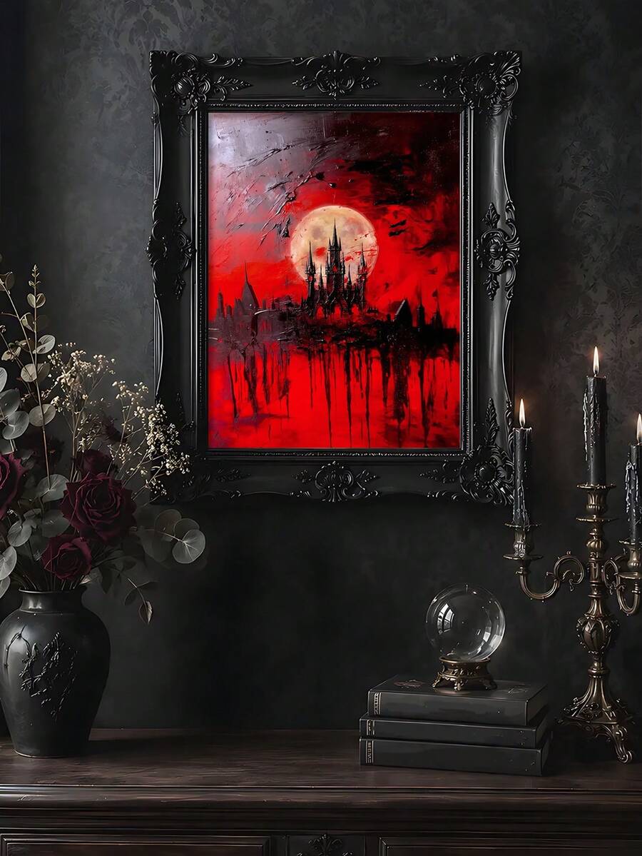 Gothic Dark Dracula Castle Halloween Canvas poster with mysterious vintage horror style. Perfect for gothic bedrooms, libraries, dark academia, and spooky decor.