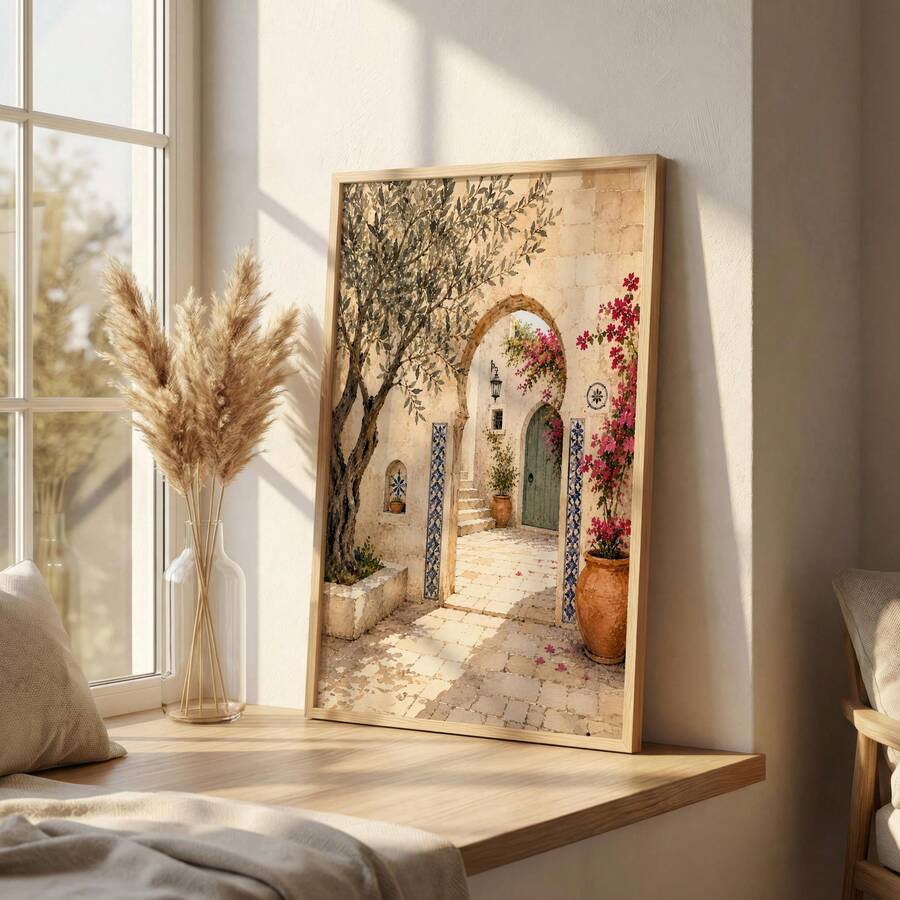 Courtyard artwork leaning on a wooden bedroom console beside pampas grass