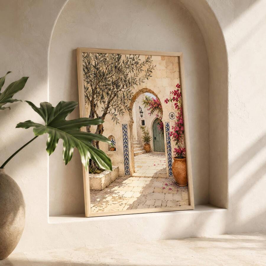 Framed Mediterranean courtyard print in an arched alcove beside a leafy plant