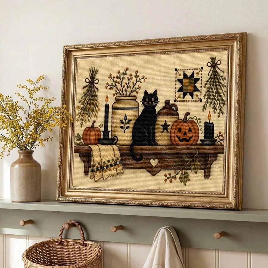Vintage pumpkin black cat canvas poster