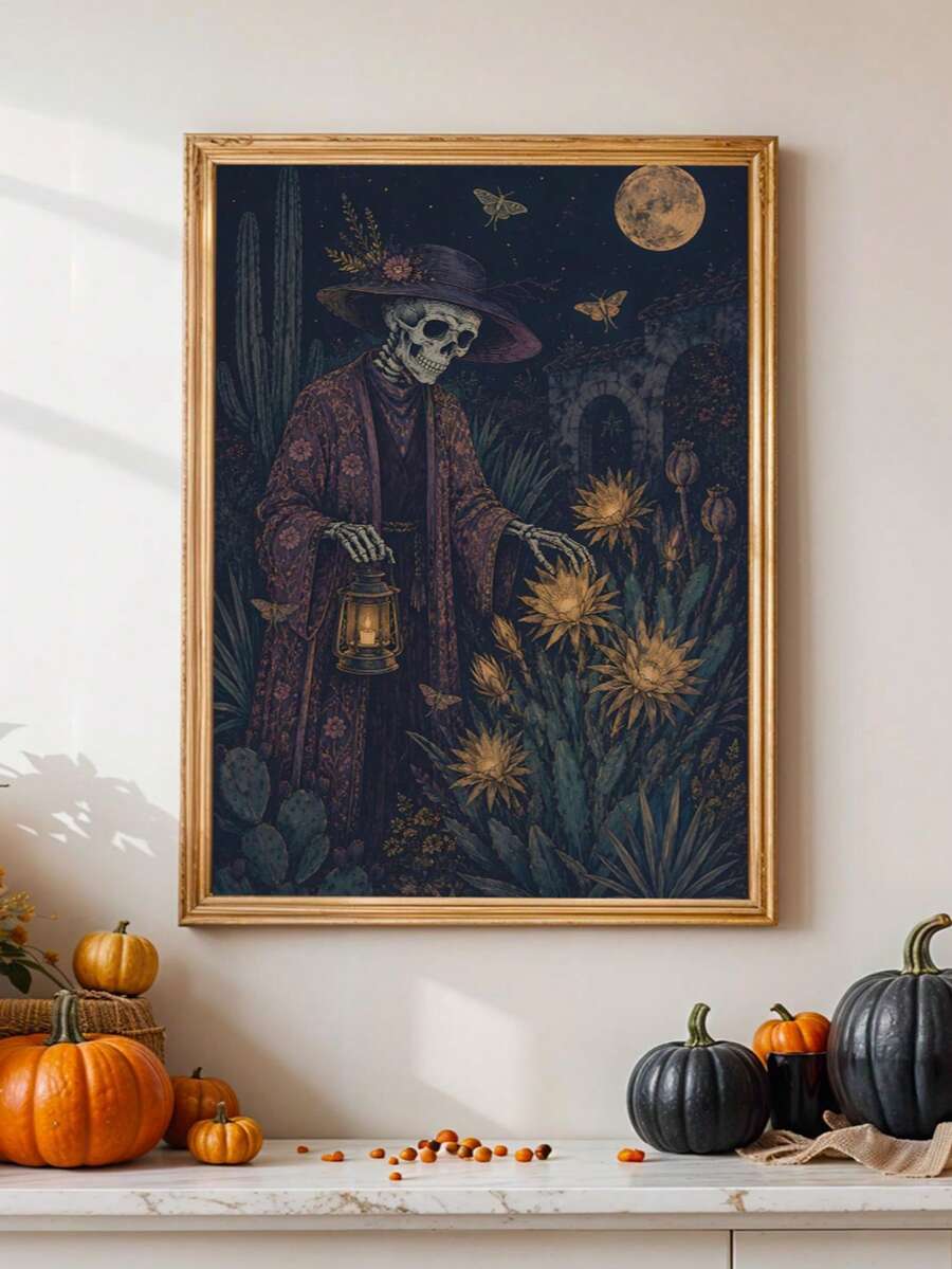 Vintage Gardener Skeleton Lantern Dark Gothic Desert Cactus Canvas Poster