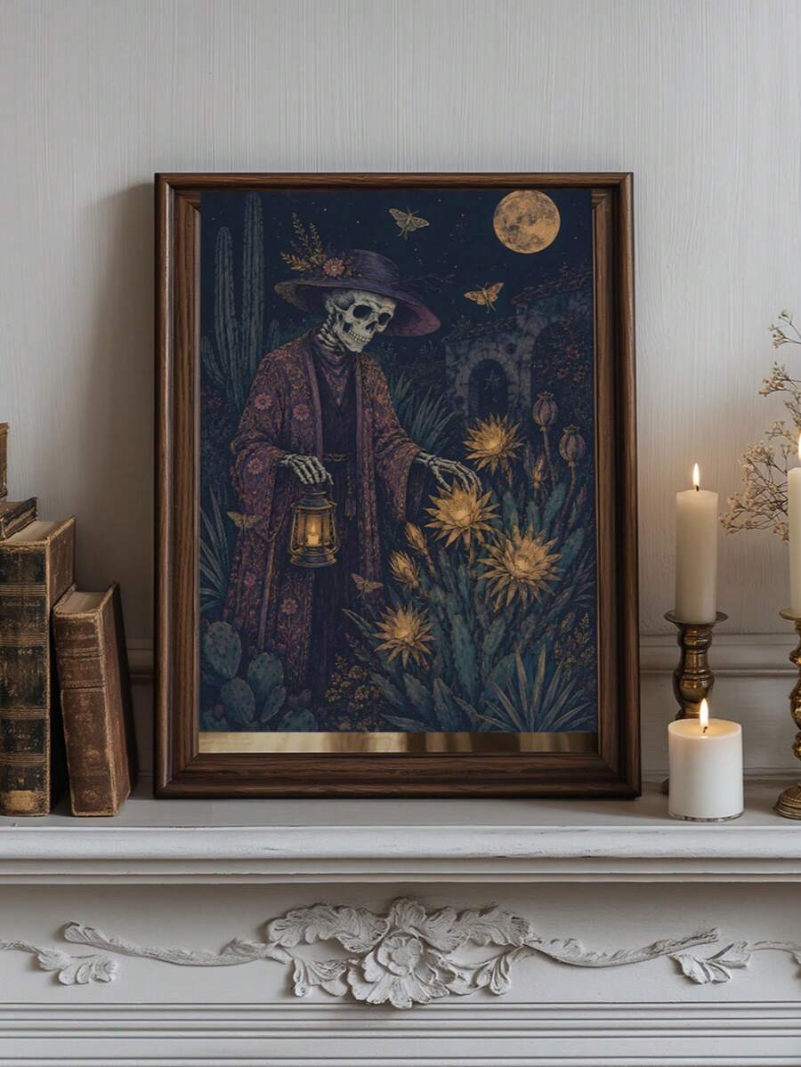 Vintage Gardener Skeleton Lantern Dark Gothic Desert Cactus Canvas Poster