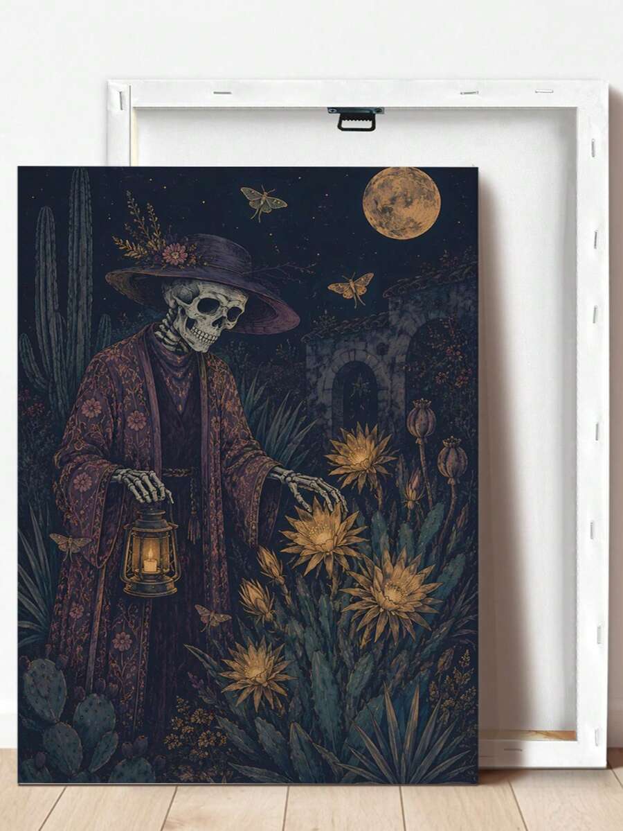 Vintage Gardener Skeleton Lantern Dark Gothic Desert Cactus Canvas Poster 