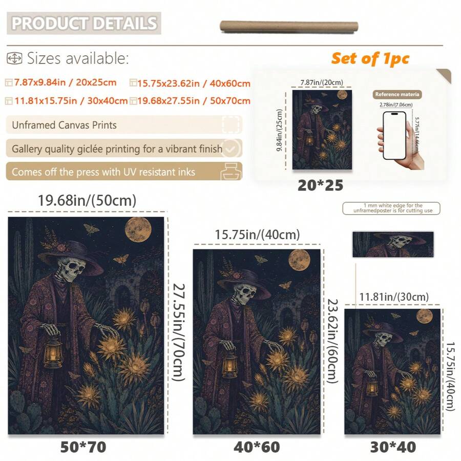 Vintage Gardener Skeleton Lantern Dark Gothic Desert Cactus Canvas Poster 