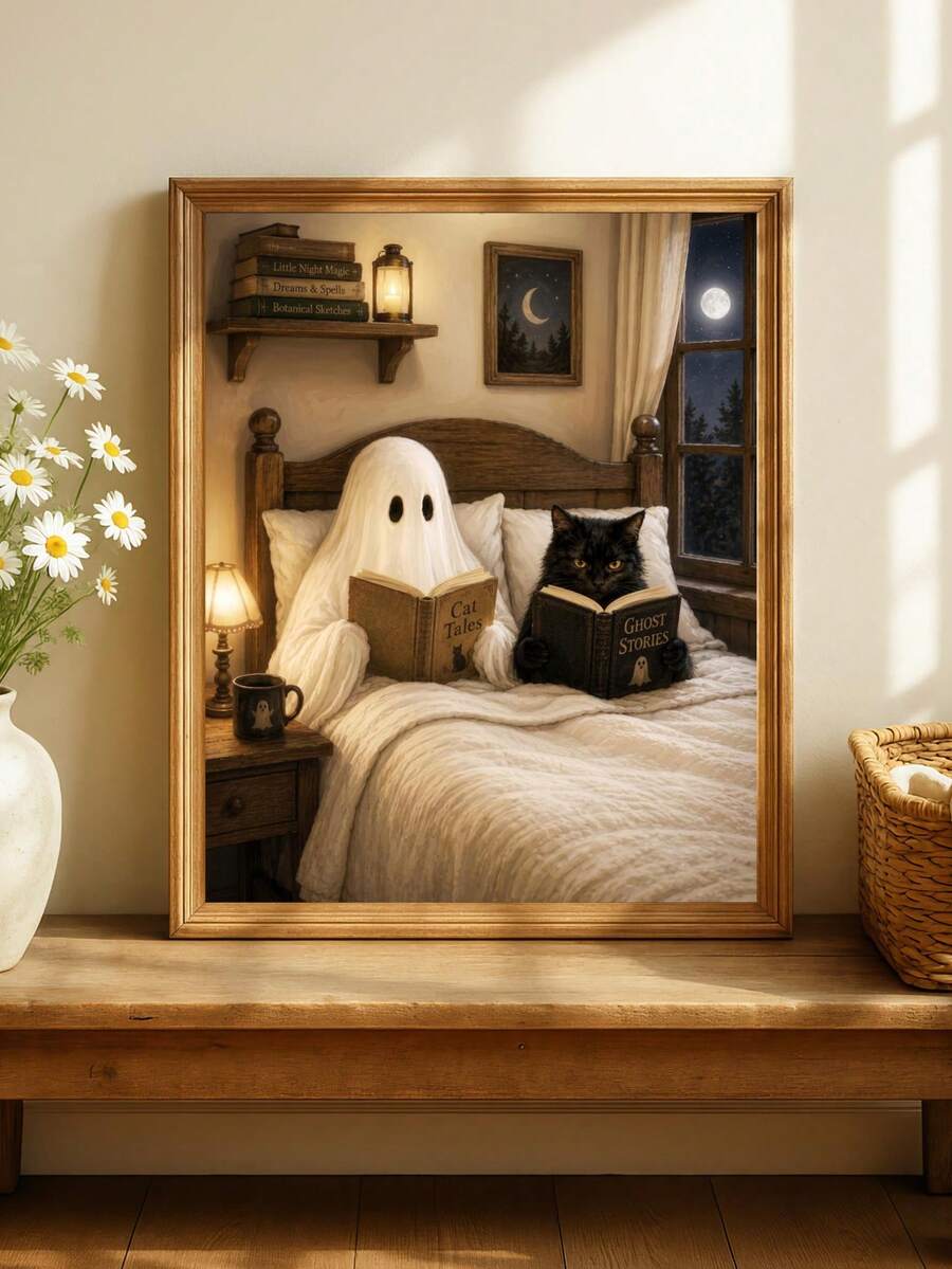 Vintage Ghost & Black Cat Reading Dark Academia Canvas Poster 