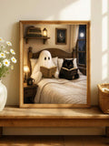 Vintage Ghost & Black Cat Reading Dark Academia Canvas Poster 