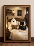 Vintage Ghost & Black Cat Reading Dark Academia Canvas Poster 