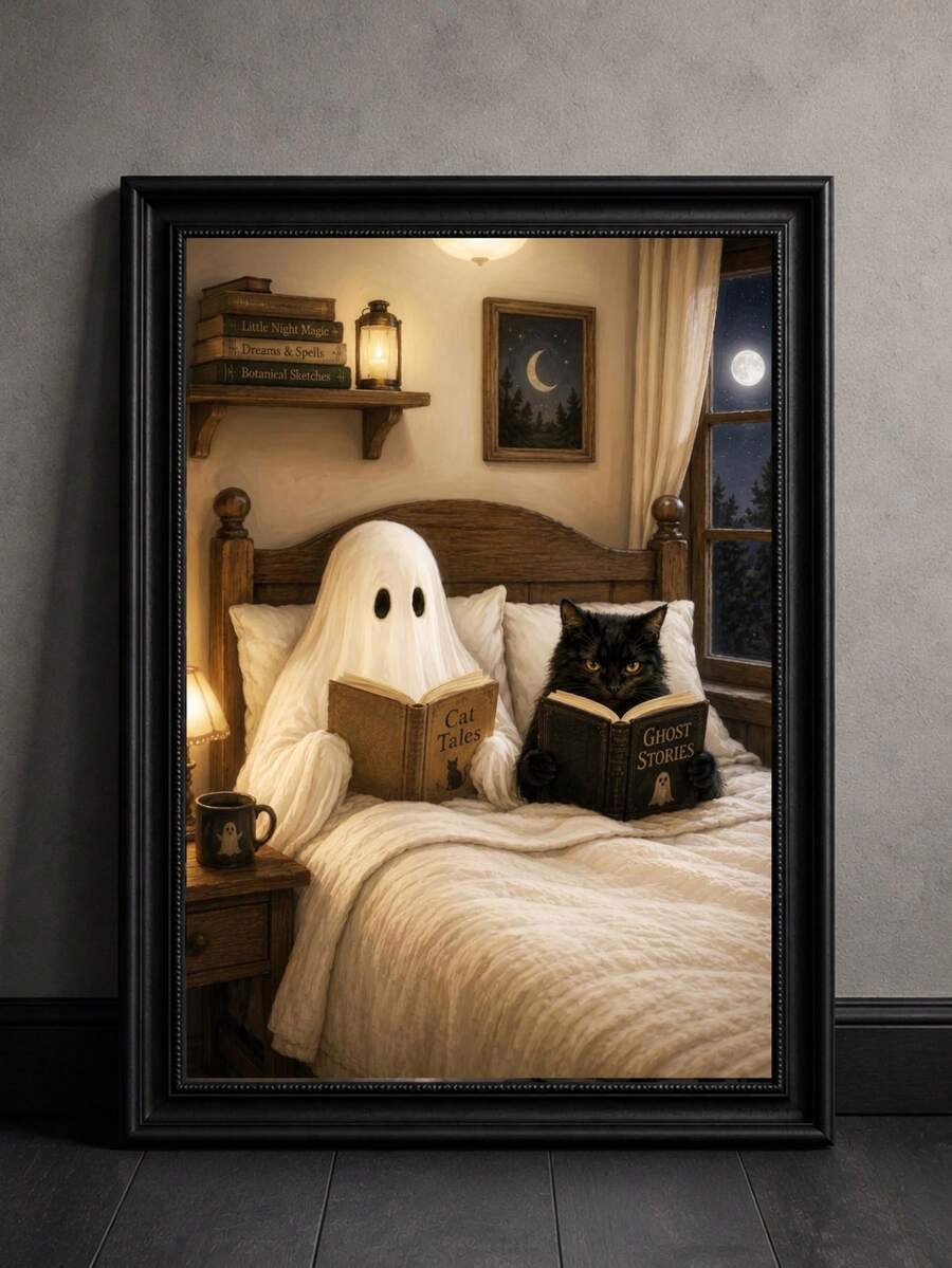 Vintage Ghost & Black Cat Reading Dark Academia Canvas Poste