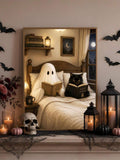 Vintage Ghost & Black Cat Reading Dark Academia Canvas Poster 