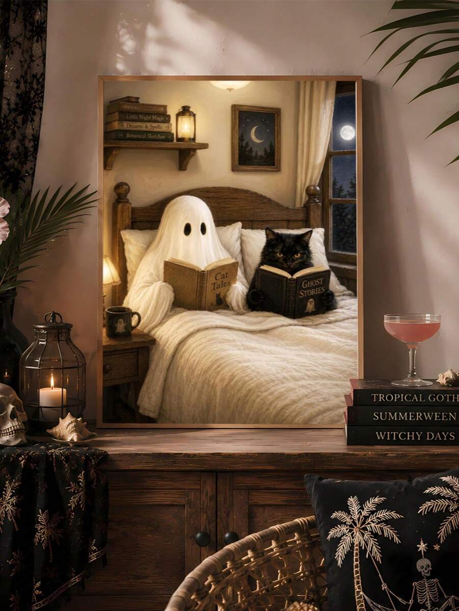 Vintage Ghost & Black Cat Reading Dark Academia Canvas Poster 