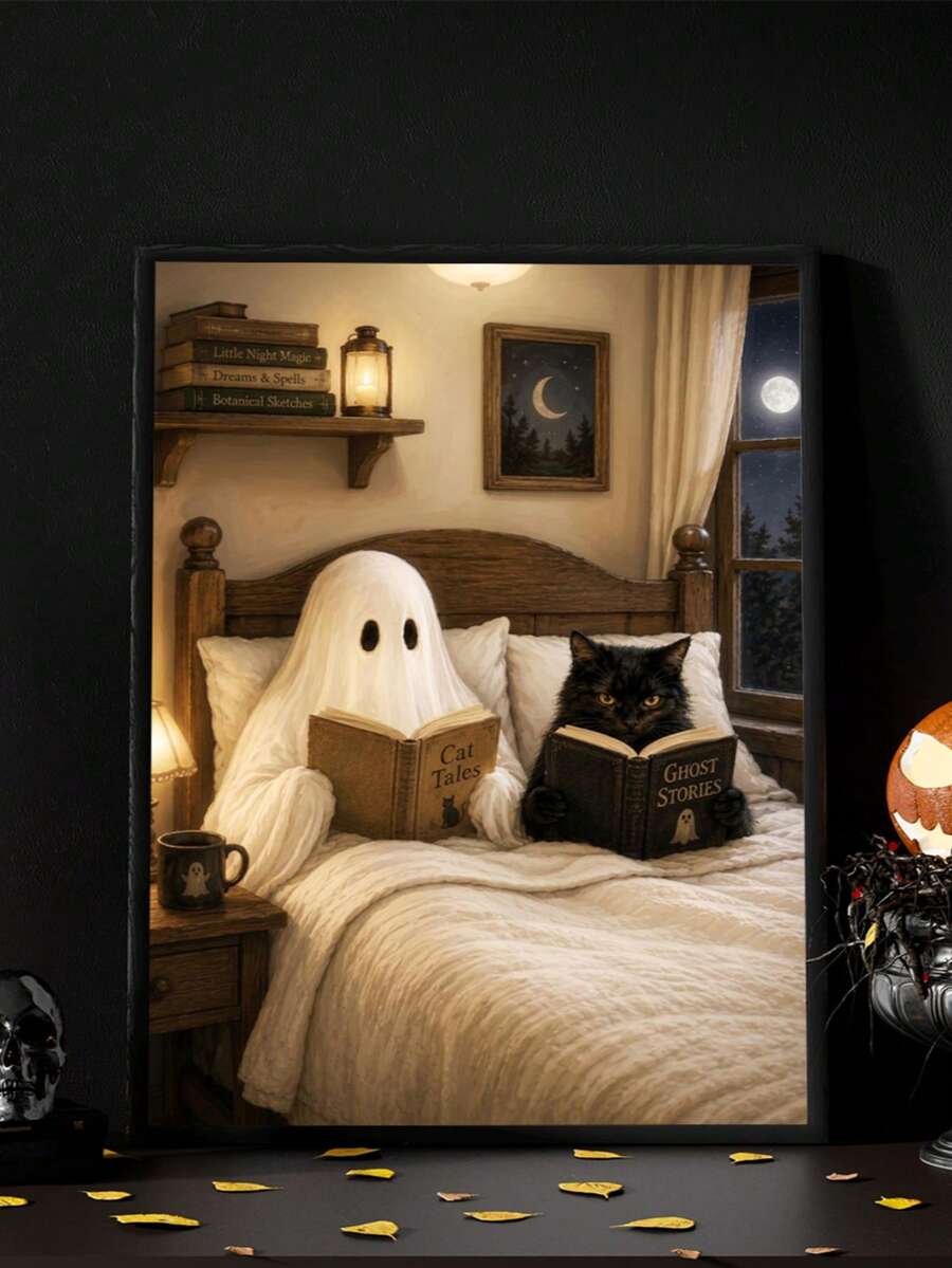Vintage Ghost & Black Cat Reading Dark Academia Canvas Poste
