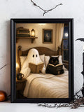 Vintage Ghost & Black Cat Reading Dark Academia Canvas Poster 