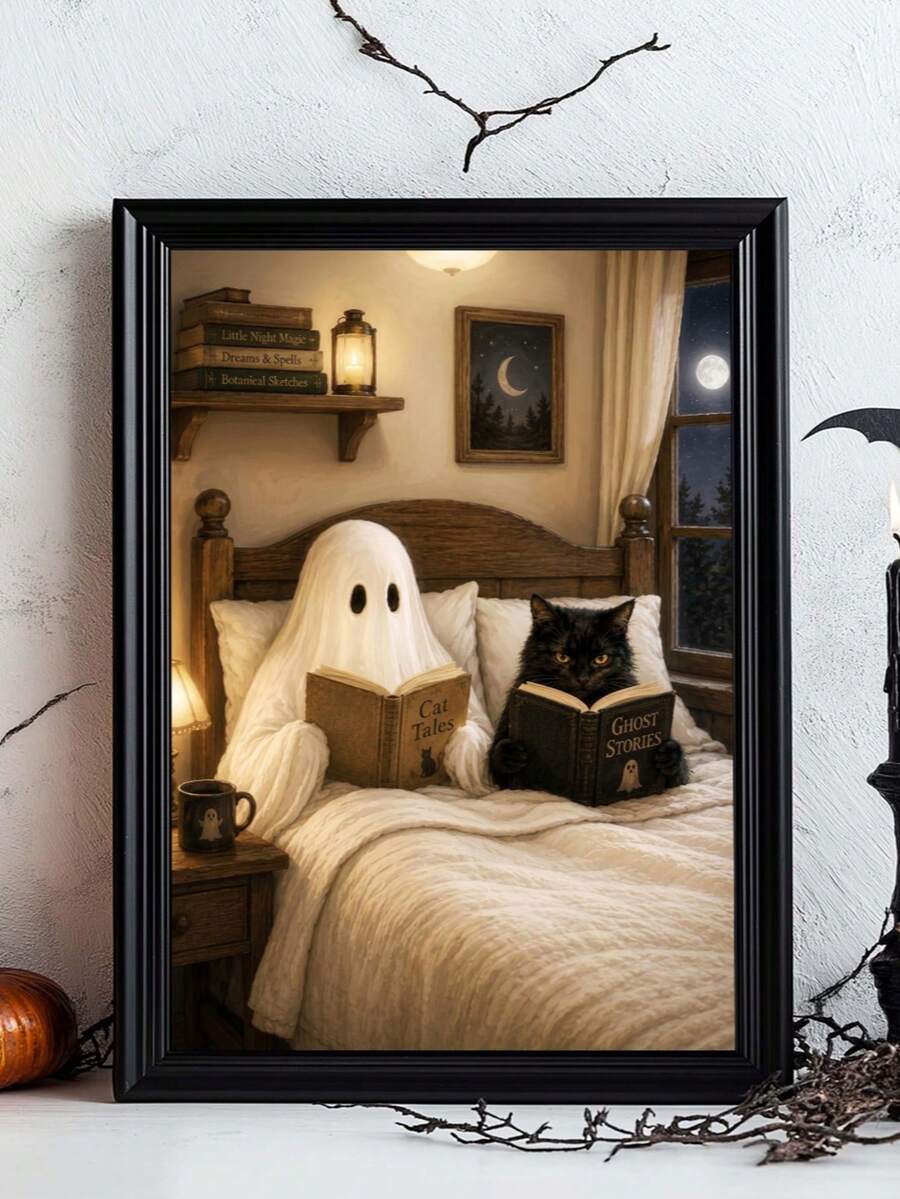 Vintage Ghost & Black Cat Reading Dark Academia Canvas Poster 